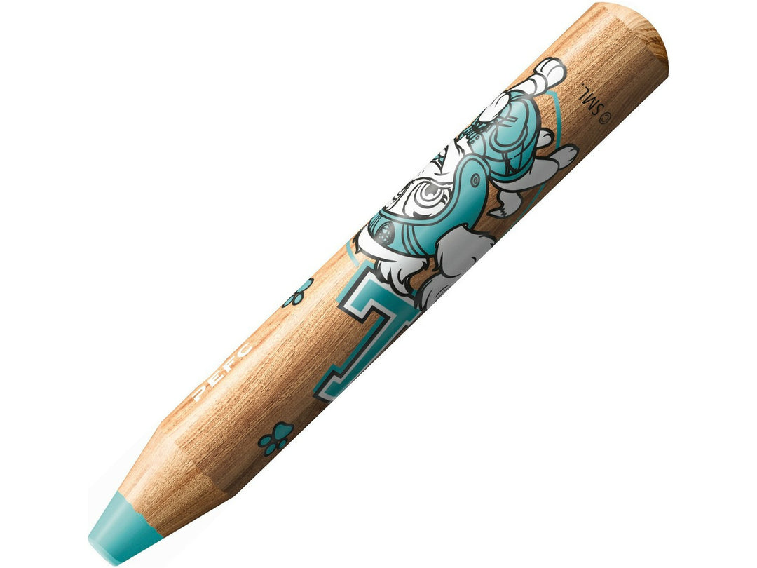 Pastel blue STABILO woody 3 in 1 PAW Patrol chunky coloured pencil featuring character artwork and an exposed blue 10mm XXL lead