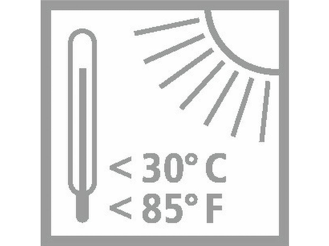 Temperature storage icon showing a thermometer and sun, indicating the product should be stored below 30°C or 85°F