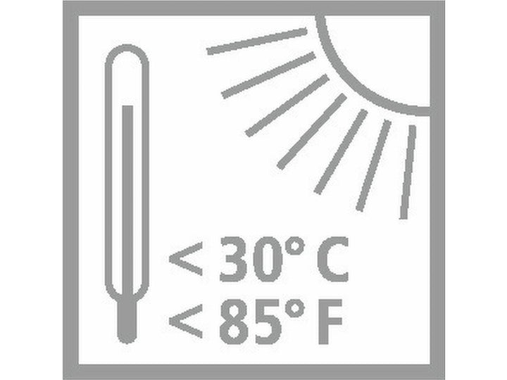 Temperature storage icon showing a thermometer and sun, indicating the product should be stored below 30°C or 85°F