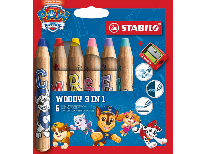 STABILO woody 3 in 1 PAW Patrol set of 6 chunky coloured pencils in assorted colours with PAW Patrol character designs and included sharpener