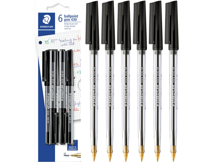 STAEDTLER 430 ballpoint pen black 6 pack with packaging and pens laid out for everyday writing
