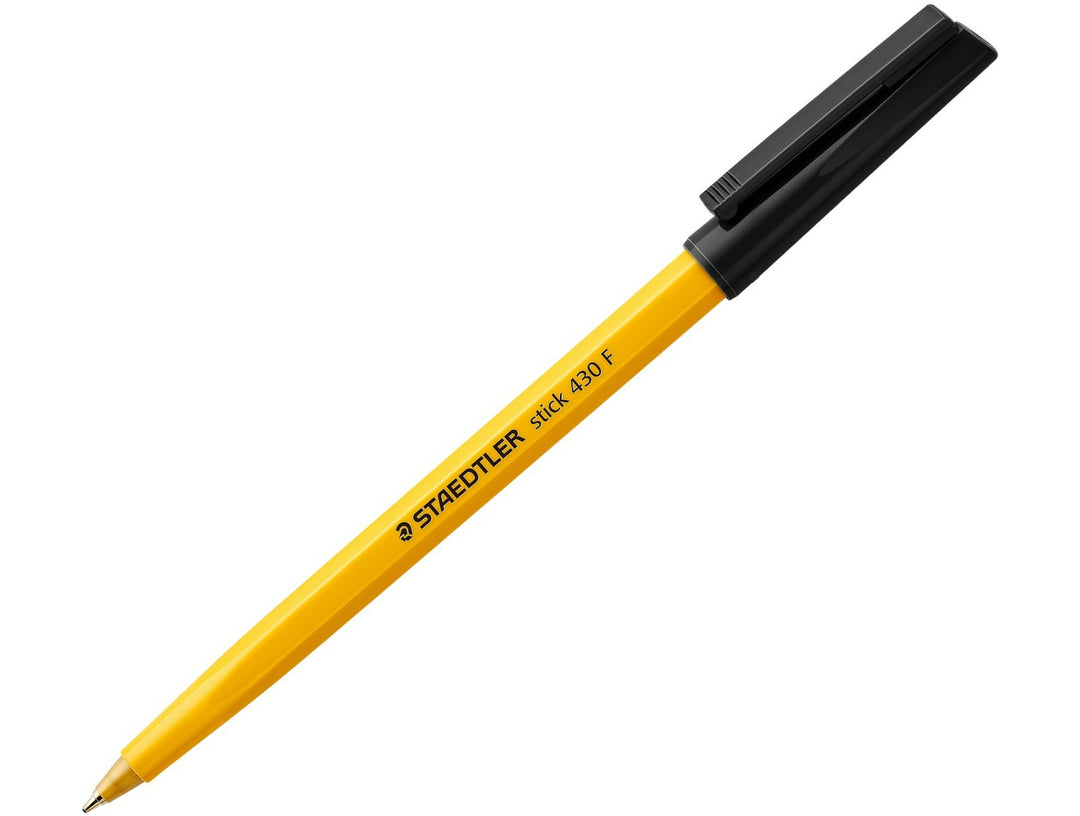 STAEDTLER Stick 430 ballpoint pen black fine tip with hexagonal yellow barrel and cap on