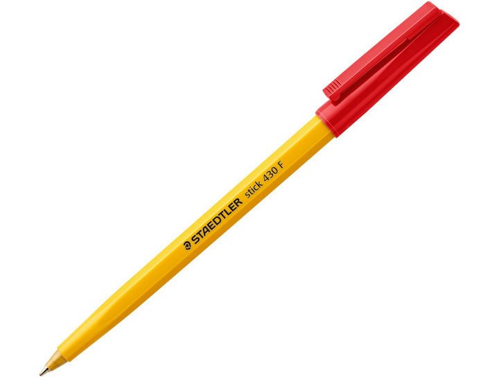 STAEDTLER Stick 430 ballpoint pen red fine tip with hexagonal yellow barrel and cap on