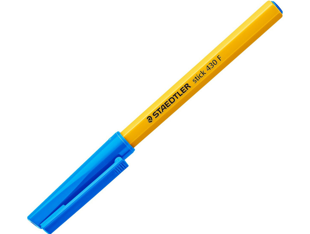 STAEDTLER Stick 430 ballpoint pen blue fine tip with yellow barrel and cap detail close-up