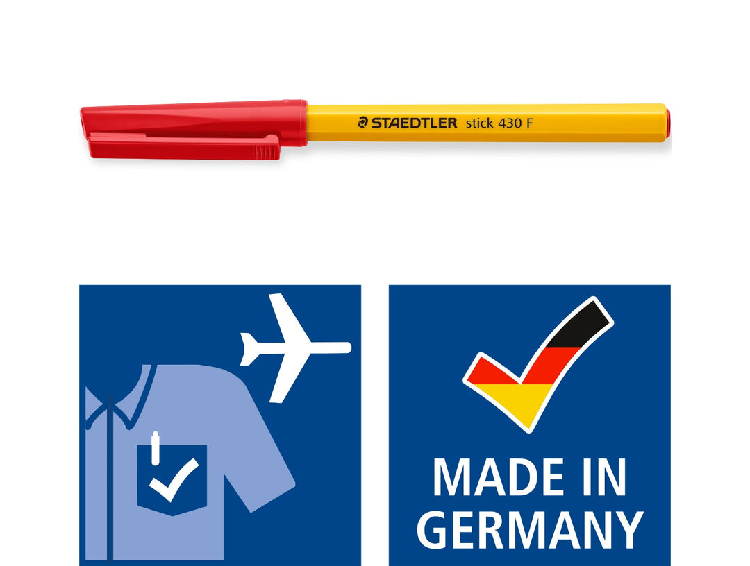 STAEDTLER Stick 430 red ballpoint pen fine tip with washable ink and made in Germany features graphic