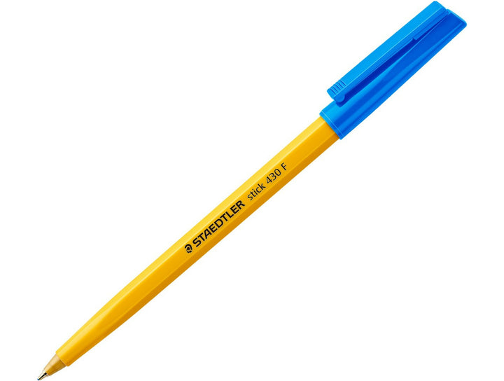 STAEDTLER Stick 430 ballpoint pen blue fine tip with hexagonal yellow barrel and cap on