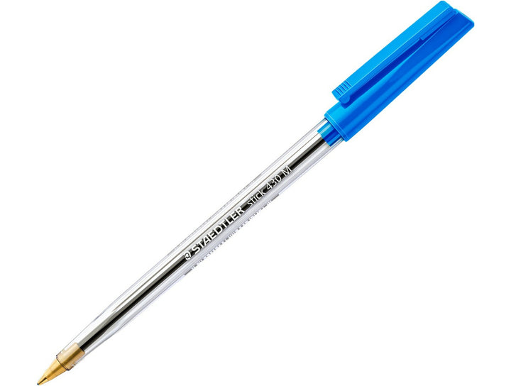 STAEDTLER Stick 430 ballpoint pen blue medium tip with transparent barrel and cap on