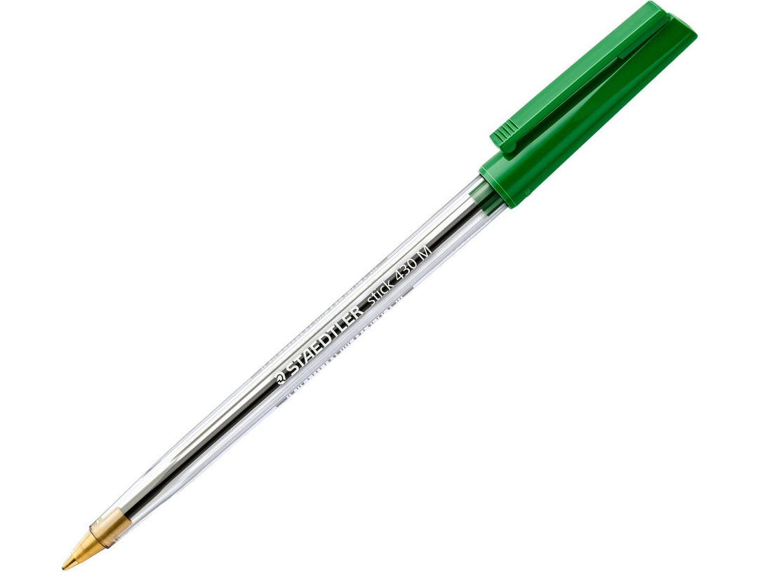 STAEDTLER Stick 430 ballpoint pen green medium tip with transparent barrel and cap on