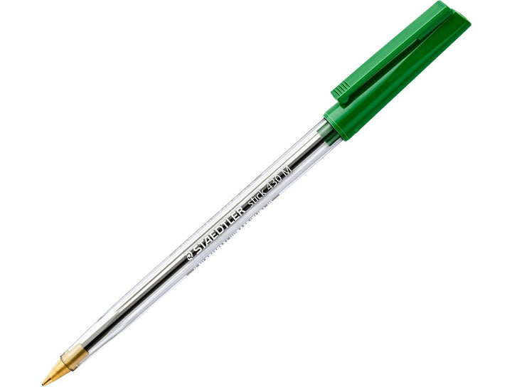 STAEDTLER Stick 430 ballpoint pen green medium tip with transparent barrel and cap on