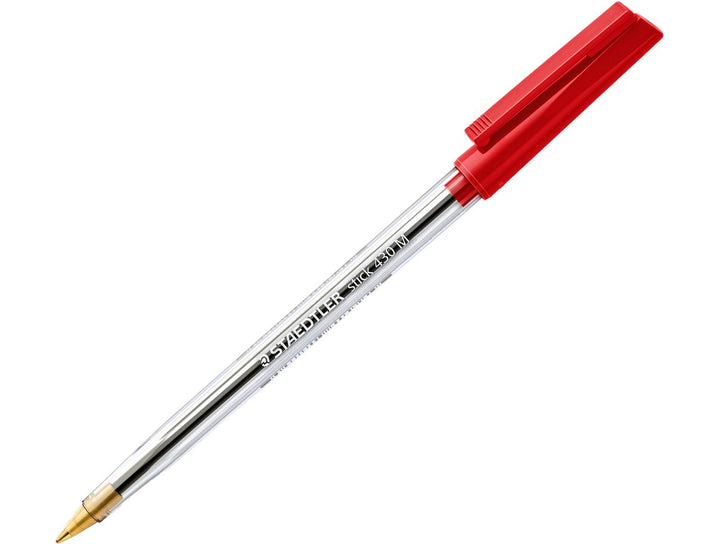 STAEDTLER Stick 430 ballpoint pen red medium tip with transparent barrel and cap on