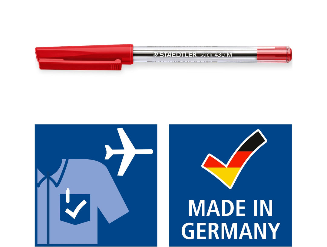STAEDTLER Stick 430 red ballpoint pen medium tip with washable ink and made in Germany feature graphics