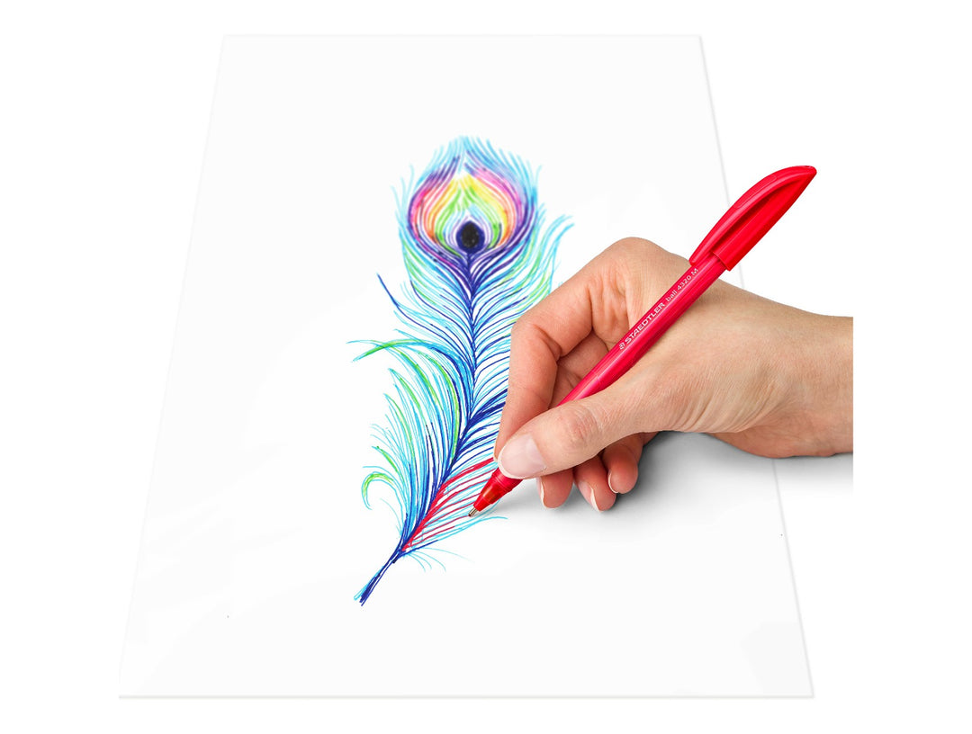 STAEDTLER Ball 4320 M triangular ballpoint pen red writing colourful feather design on paper