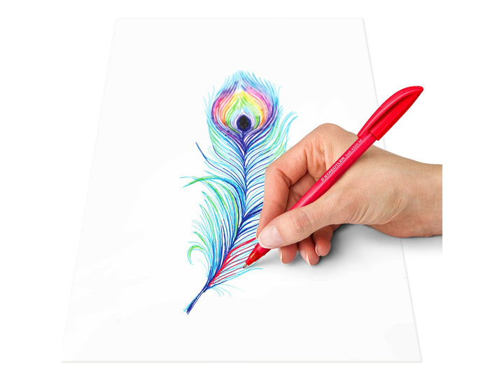 STAEDTLER Ball 4320 M triangular ballpoint pen red writing colourful feather design on paper