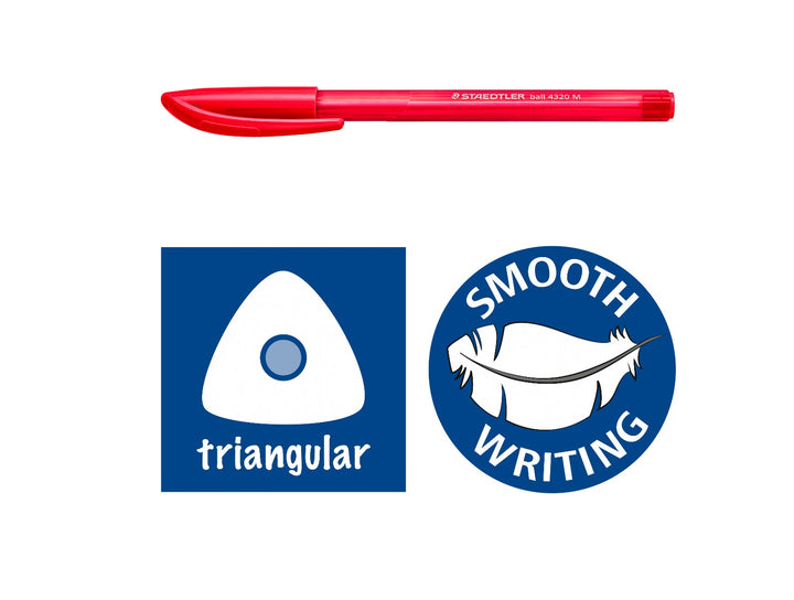 STAEDTLER Ball 4320 M triangular ballpoint pen red with triangular grip and smooth writing icon features