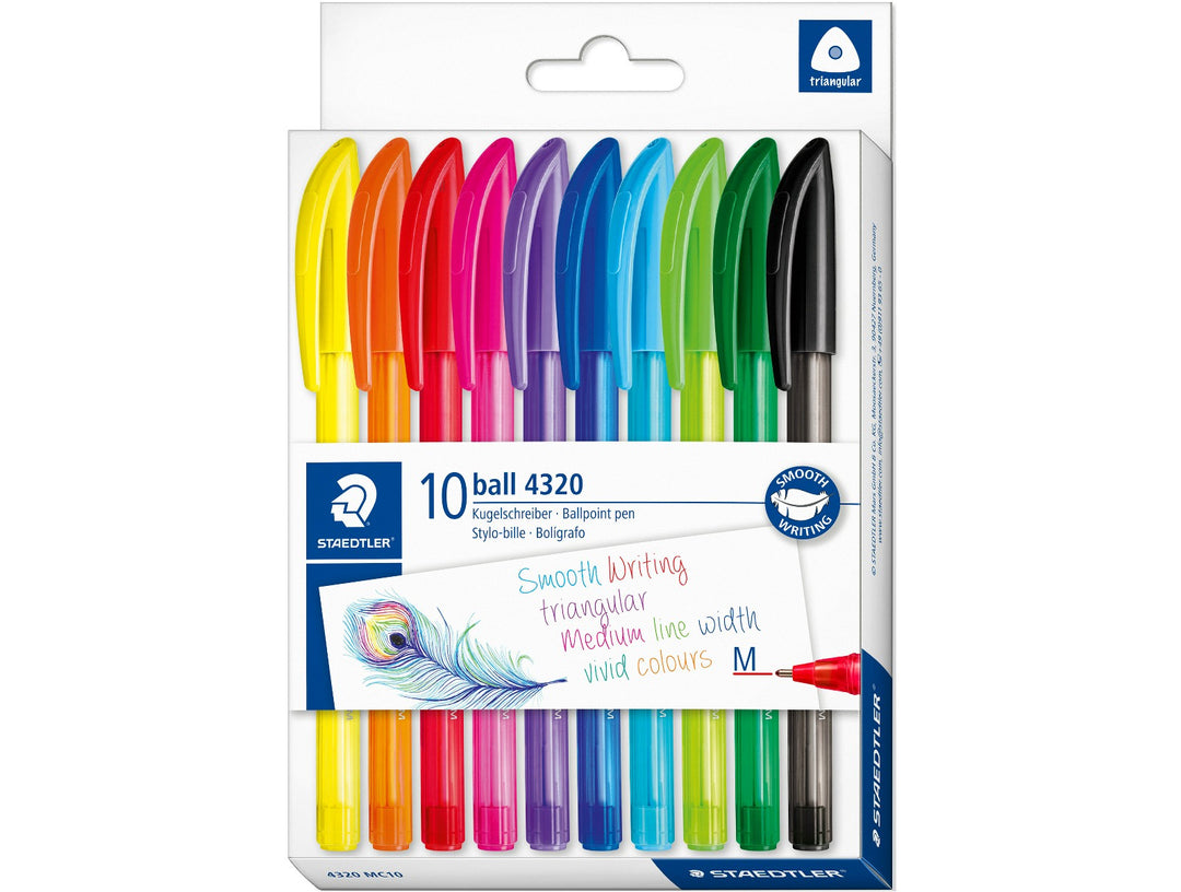 STAEDTLER Ball 4320 M triangular ballpoint pen set assorted colours pack of 10 in retail packaging