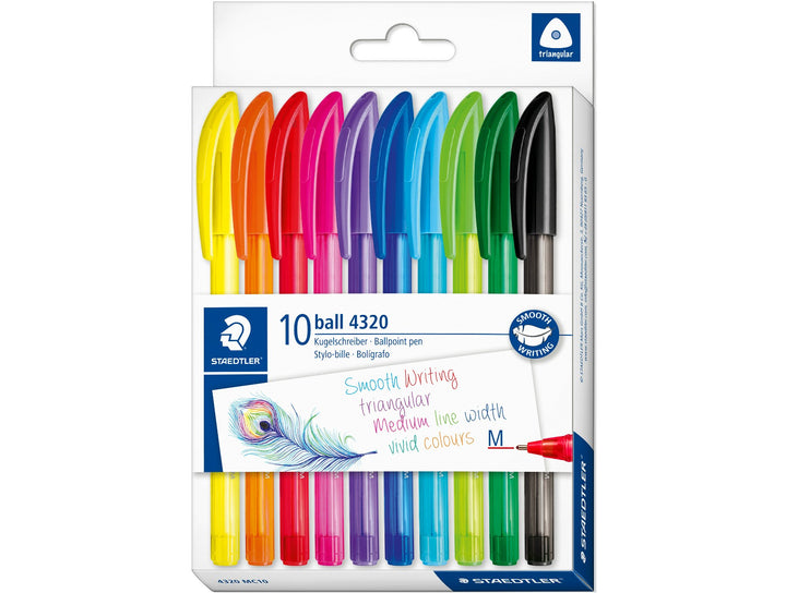 STAEDTLER Ball 4320 M triangular ballpoint pen set assorted colours pack of 10 in retail packaging