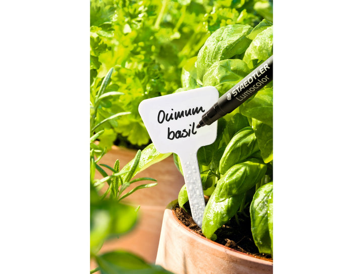 STAEDTLER Lumocolor garden marker writing on plant label in herb pot for outdoor plant identification