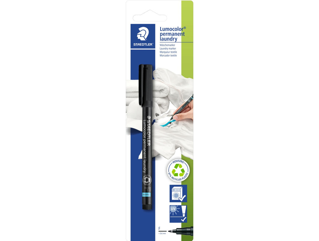 STAEDTLER Lumocolor 319 LM permanent laundry marker packaging showing black fine pen and fabric labelling use
