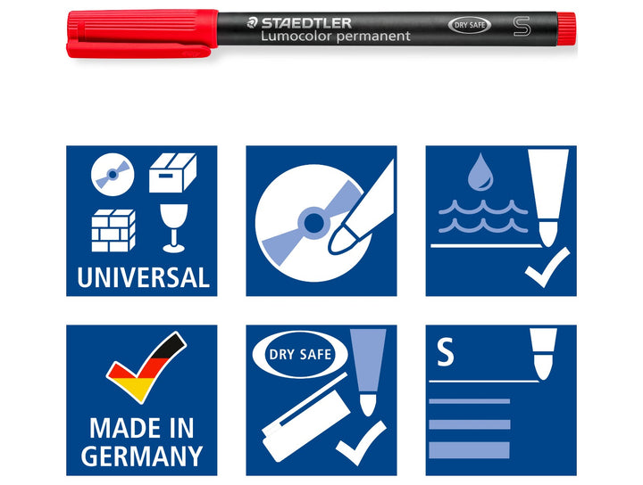 STAEDTLER Lumocolor permanent pen 313 superfine features graphic showing multi surface use waterproof ink and durable marking performance