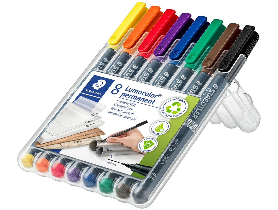 STAEDTLER Lumocolor permanent pen 313 superfine 0.4 mm assorted colours 8 pack in transparent stand case