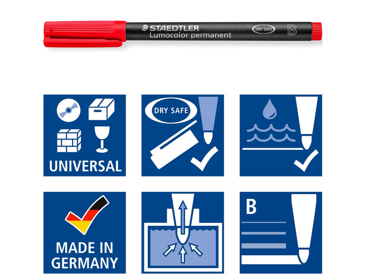 STAEDTLER Lumocolor 314 permanent pen red broad tip features graphic showing multi surface compatibility waterproof ink and durable marking performance