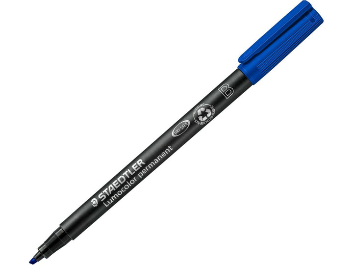 STAEDTLER Lumocolor 314 permanent pen blue broad tip with cap posted showing marker tip