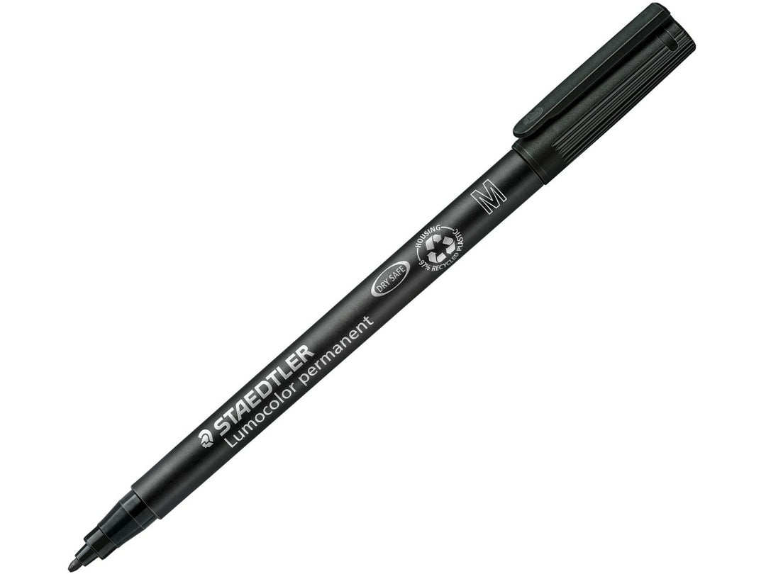 STAEDTLER Lumocolor 317 black permanent pen medium tip approx 1.0 mm with cap posted and exposed bullet tip