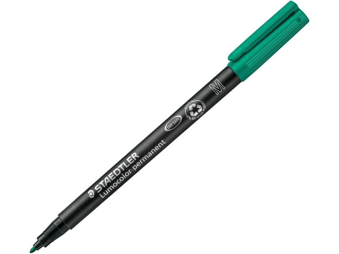 STAEDTLER Lumocolor 317 green permanent pen medium tip approx 1.0 mm with cap posted and exposed bullet tip