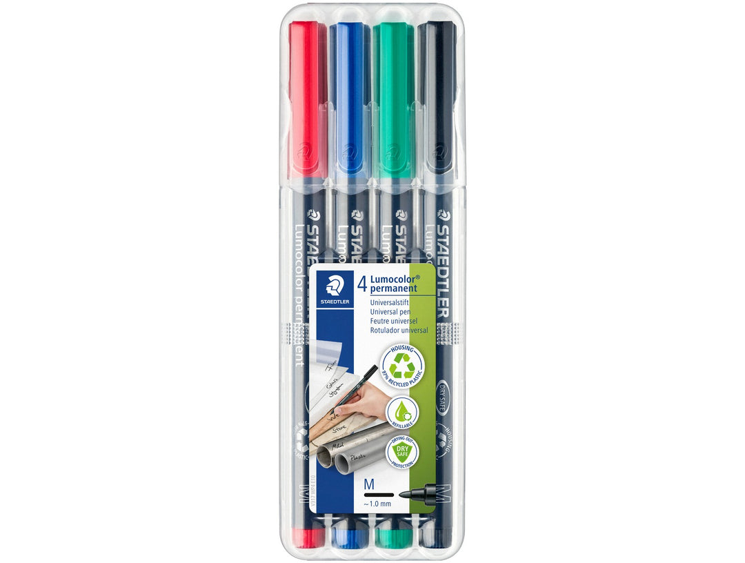 STAEDTLER Lumocolor permanent pen 317 medium 4 pack assorted colours in retail packaging for marking