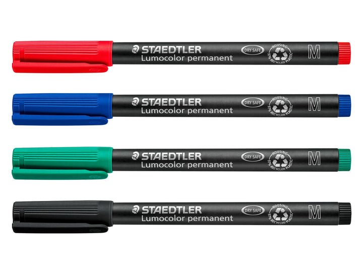STAEDTLER Lumocolor permanent pen 317 medium 4 pack colour overview showing red blue green and black markers