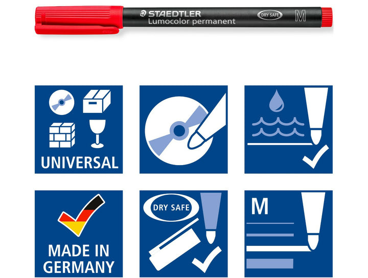STAEDTLER Lumocolor permanent pen 317 medium features graphic showing multi surface compatibility waterproof ink and durable marking performance