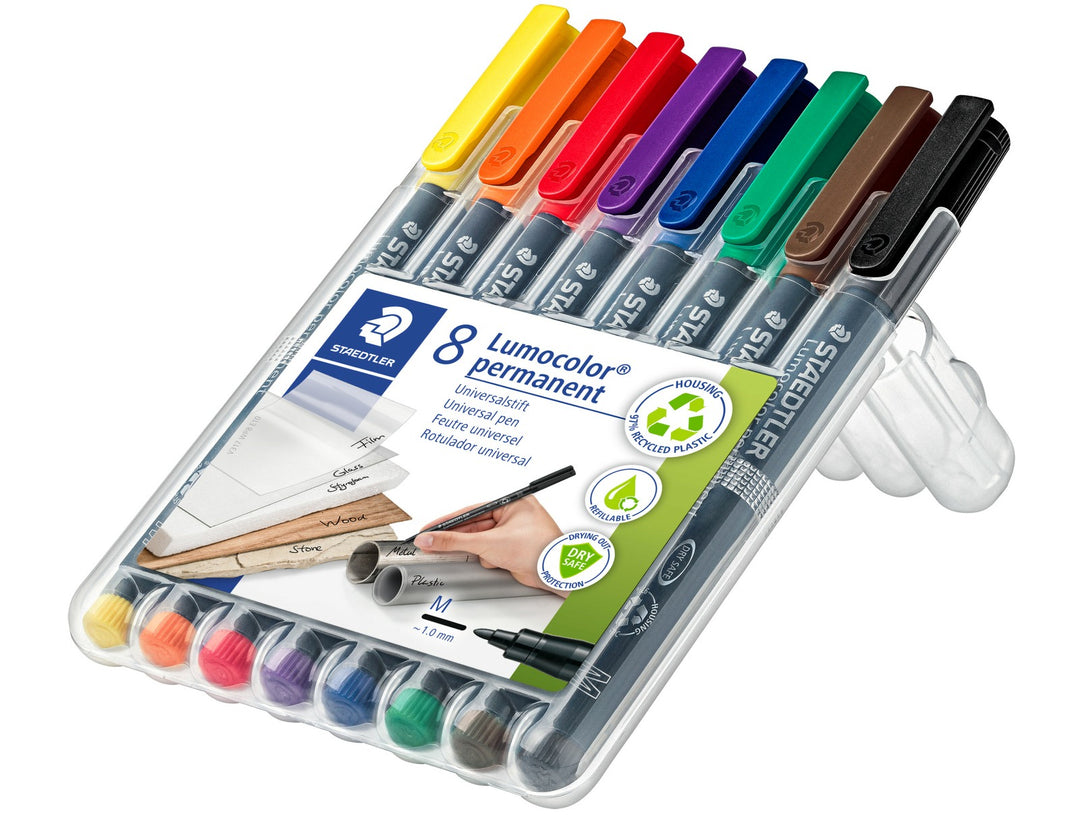 STAEDTLER Lumocolor permanent pen 317 medium 8 pack assorted colours in transparent stand case for bold marking