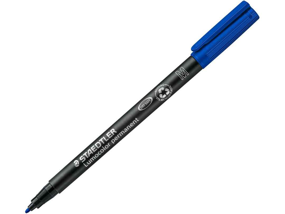 STAEDTLER Lumocolor 317 blue permanent pen medium tip approx 1.0 mm with cap posted and exposed bullet tip