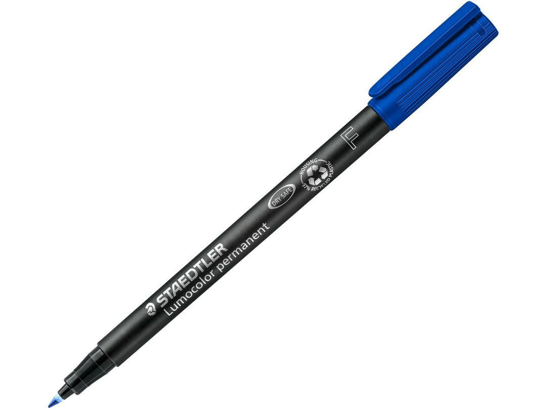 STAEDTLER Lumocolor permanent pen 318 blue fine tip approx 0.6 mm with cap posted and tip visible
