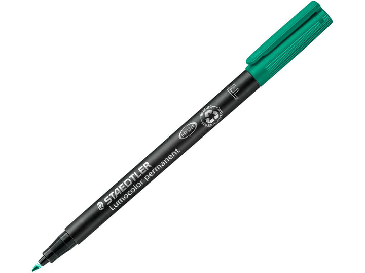 STAEDTLER Lumocolor permanent pen 318 green fine tip approx 0.6 mm with cap posted and tip visible