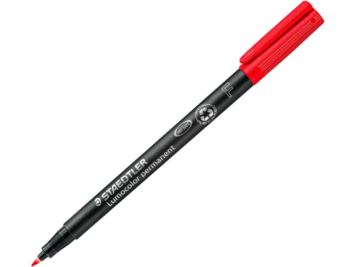 STAEDTLER Lumocolor permanent pen 318 red fine tip approx 0.6 mm with cap posted and tip visible