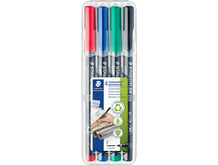 STAEDTLER Lumocolor permanent pen 318 fine 0.6 mm 4 pack assorted colours in retail packaging for marking