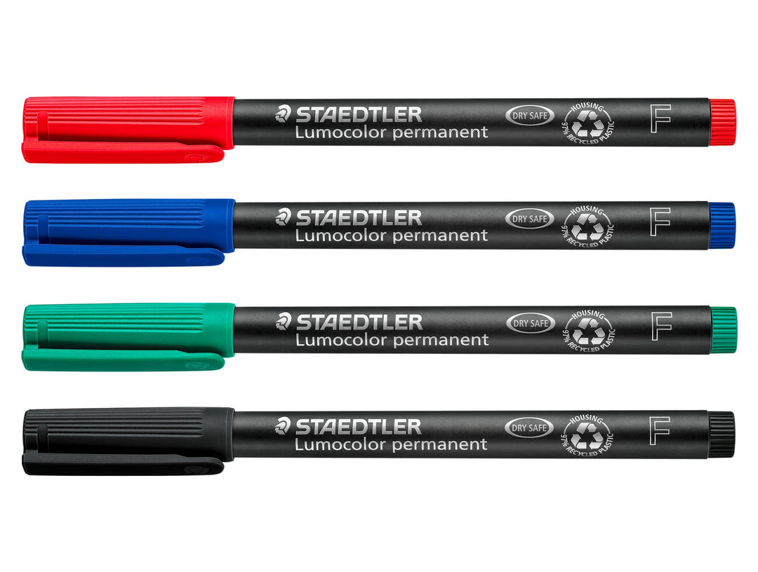 STAEDTLER Lumocolor permanent pen 318 fine 4 pack colour overview showing red blue green and black markers