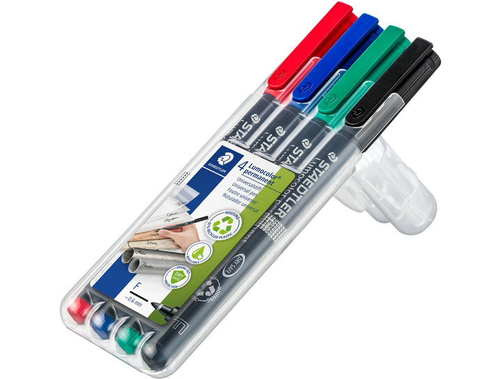 STAEDTLER Lumocolor permanent pen 318 fine 0.6 mm 4 pack assorted colours in clear stand case for marking