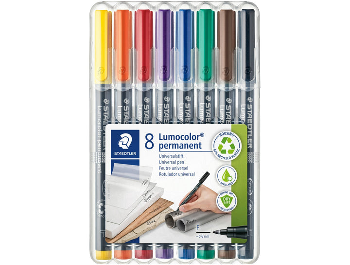 STAEDTLER Lumocolor permanent pen 318 fine 0.6 mm assorted colours 8 pack in retail packaging for marking
