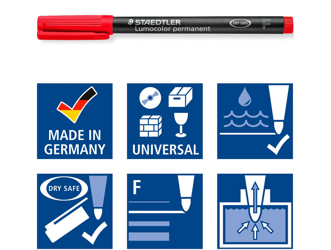 STAEDTLER Lumocolor permanent pen 318 fine features graphic showing multi surface compatibility waterproof ink and durable marking performance
