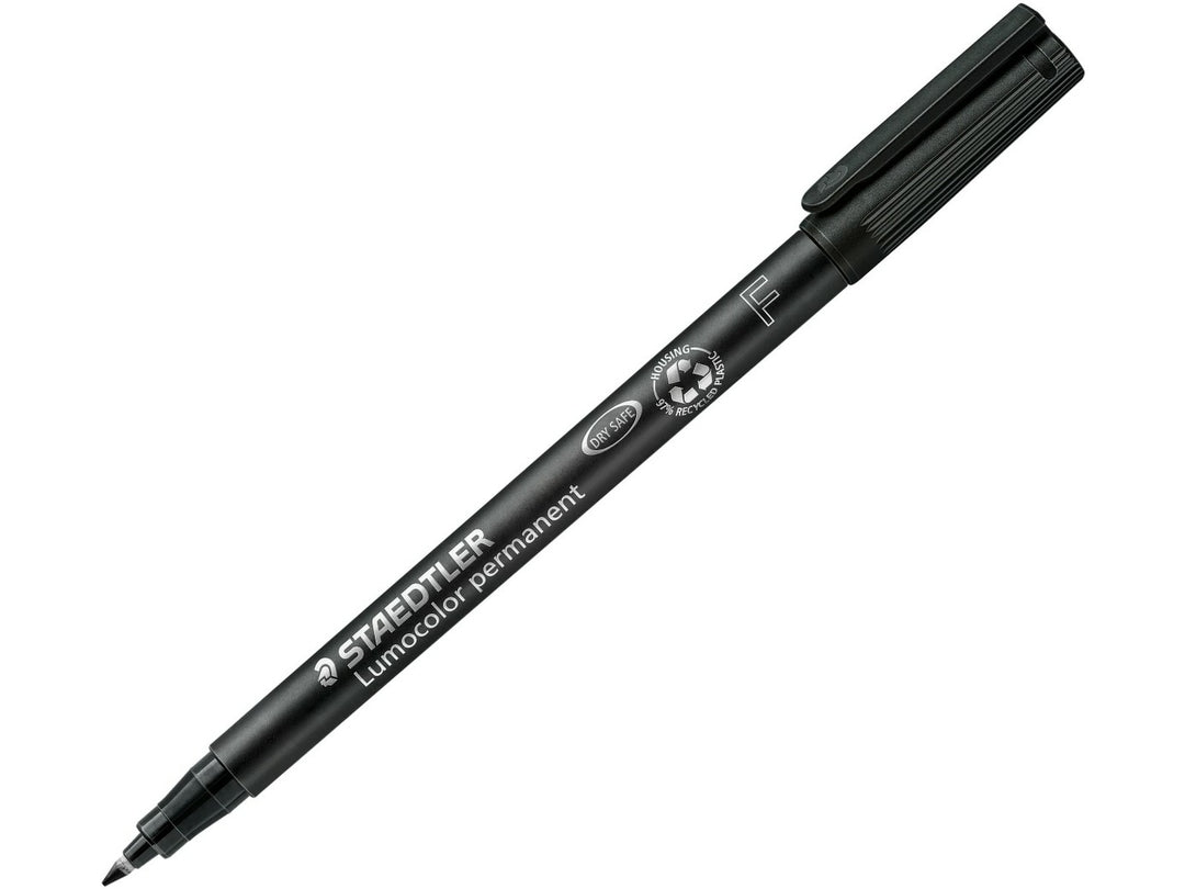 STAEDTLER Lumocolor permanent pen 318 black fine tip approx 0.6 mm with cap posted and tip visible