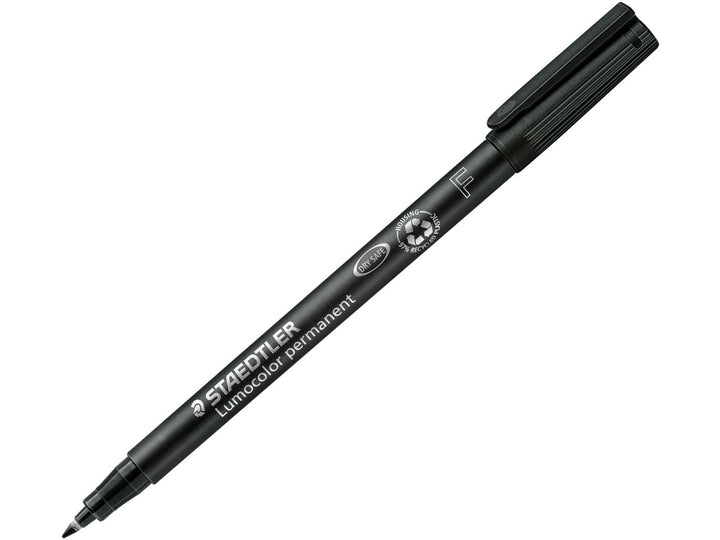 STAEDTLER Lumocolor permanent pen 318 black fine tip approx 0.6 mm with cap posted and tip visible