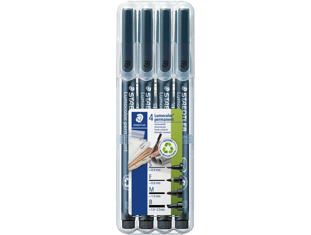 STAEDTLER Lumocolor permanent pen mixed set black pack of 4 with assorted tip sizes in retail packaging