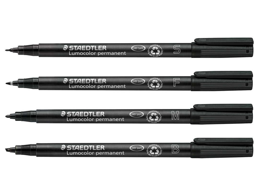 STAEDTLER Lumocolor permanent pen mixed set black showing tip size comparison from superfine to broad
