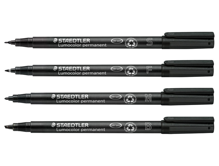 STAEDTLER Lumocolor permanent pen mixed set black showing tip size comparison from superfine to broad