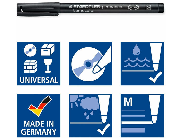 STAEDTLER Lumocolor permanent pen mixed set features graphic showing multi surface compatibility waterproof ink and versatile marking performance