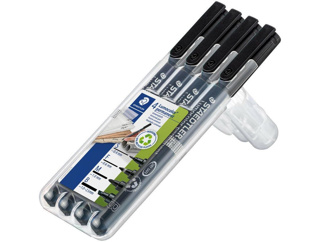STAEDTLER Lumocolor permanent pen mixed set black 4 pack with assorted tip sizes in transparent stand case