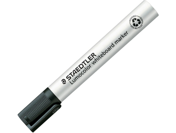 STAEDTLER Lumocolor 351 black whiteboard marker chisel tip detail with cap and barrel branding close-up