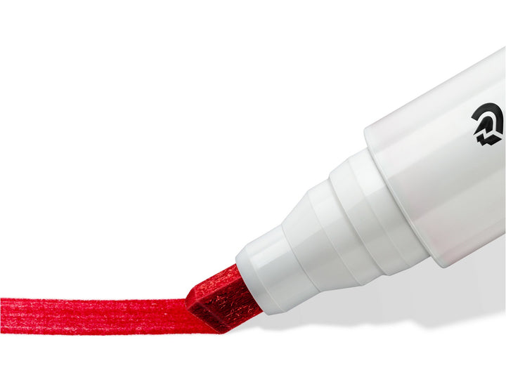 STAEDTLER Lumocolor 351 red whiteboard marker chisel tip writing broad red line close-up